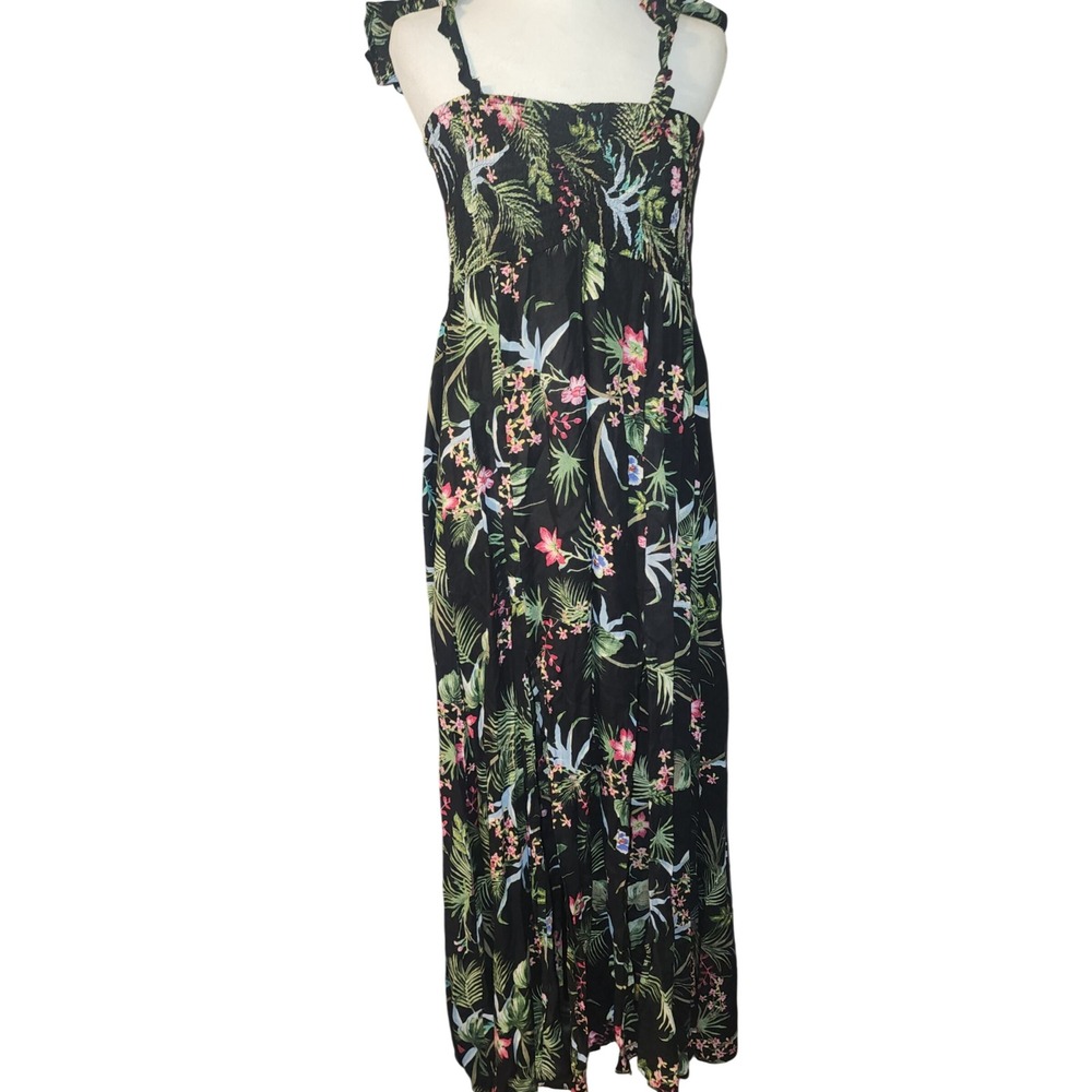 Raviya Tropical Floral Smocked Maxi Dress Black Pink XL  Ruffle Beach Boho READ